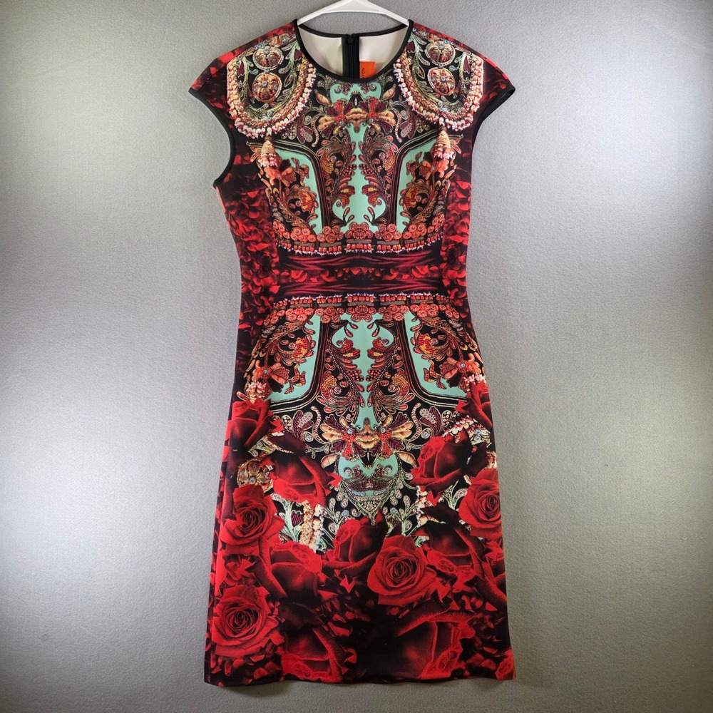 NEW Clover Canyon Red Floral Graphic‎ Sheath Scuba Cocktail Dress Small NWT